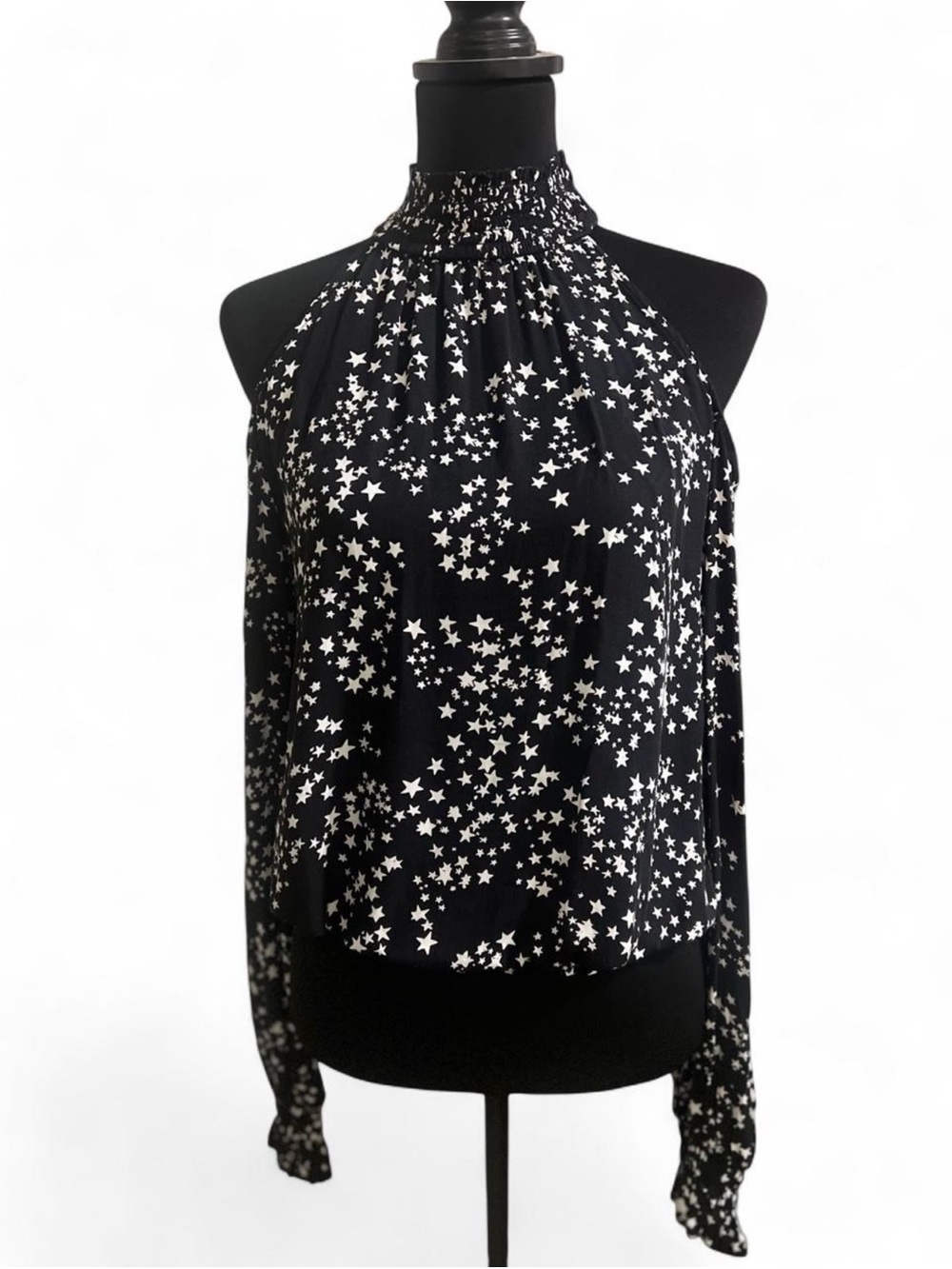DKNY Black Star-Print Smocked High-Neck Cold-Shoulder Blouse